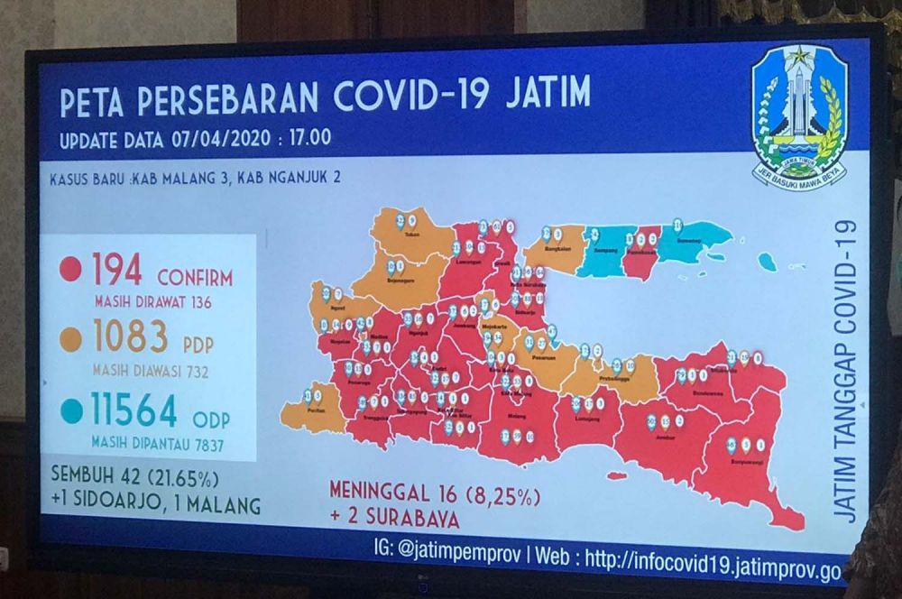 Peta sebaran Covid 19 di Jatim per 7 April 2020