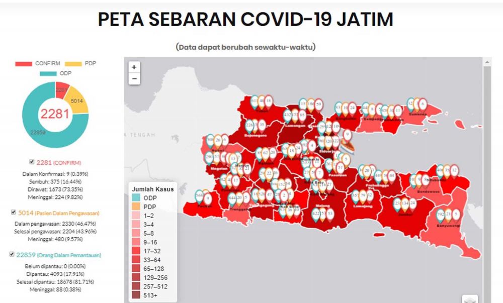 Update data dan peta sebaran Covid-19 di Jatim per 18 Mei 2020