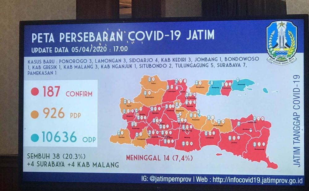 Peta sebaran Covid-19 di Jatim per Minggu (5/4/2020)