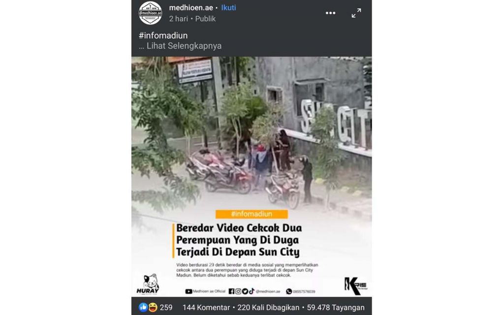 Tangkapan layar postingan duel dua wanita diduga di depan Suncity Mall Madiun