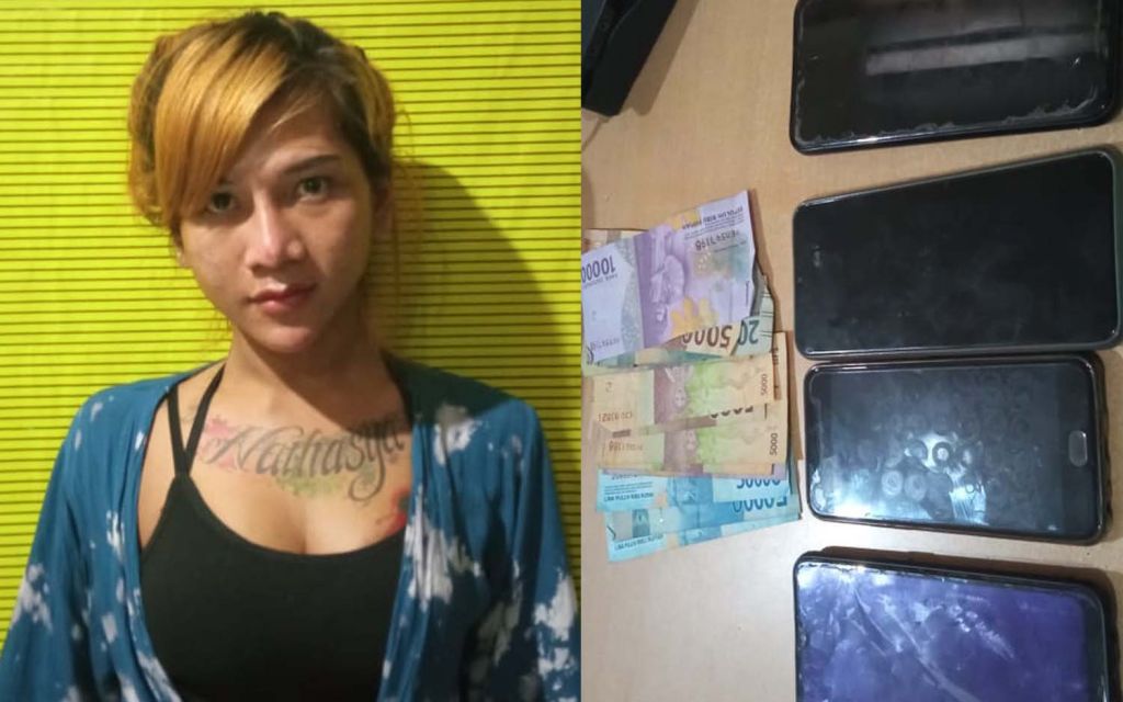 Kolase salah satu waria dan barang milik pria haus kencan yang dirampasnya diamankan di Mapolsek Genteng, Surabaya