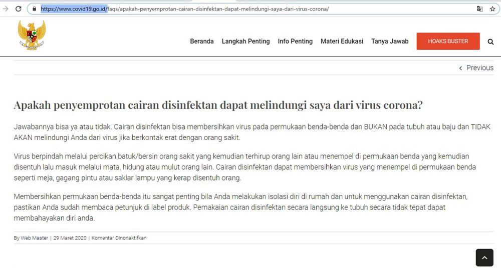 Tangkapan layar pertanyaan dan jawaban pada website https://www.covid19.go.id/