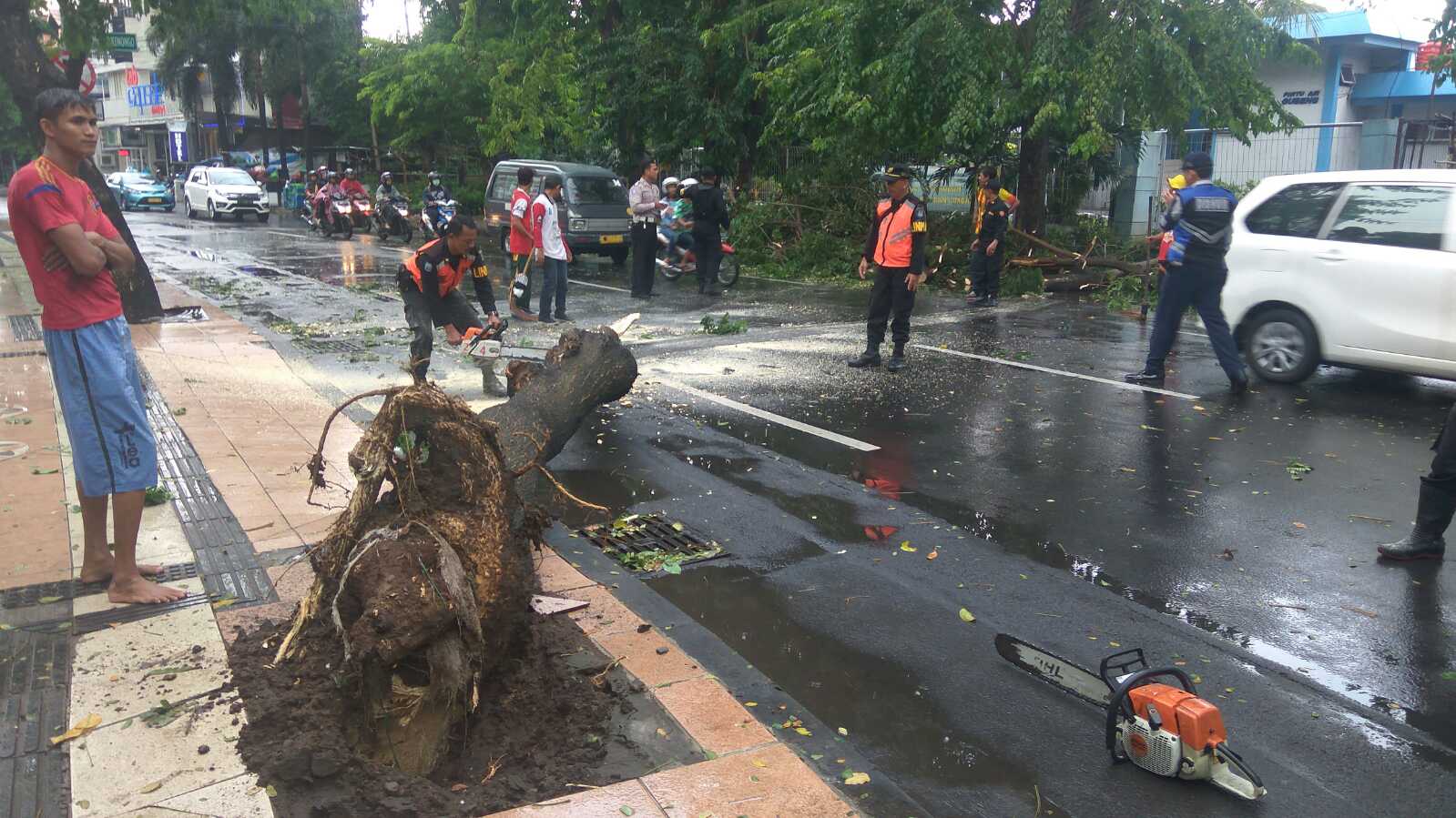 Petugas memotong batang pohon tumbang di Jalan Kayoon Surabaya.