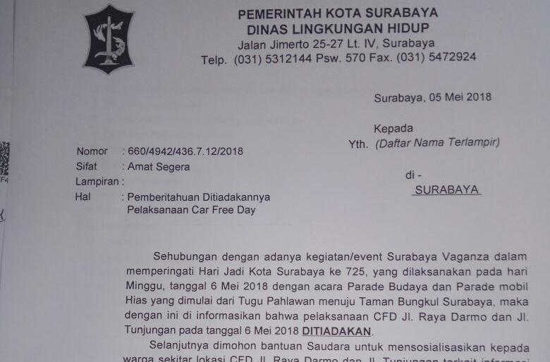 Surat pemberitahuan peniadaan CFD pada Minggu (6/5/2018) oleh Dinas Lingkungan Hidup Pemkot Surabaya.