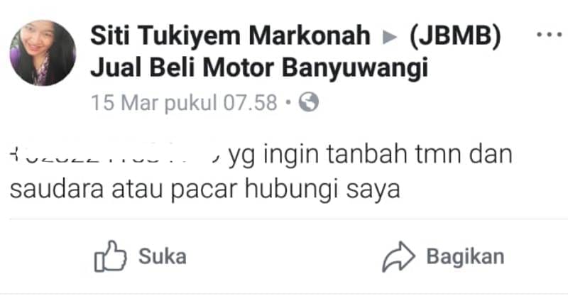 Screenshot unggahan akun FB Siti Tukiyem Markonah yang menyertakan no HP.