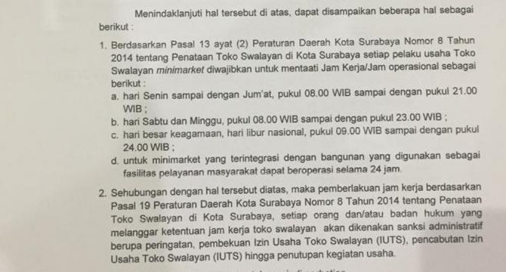 Isi Surat Pemberitahuan untuk toko modern atau swalayan di Surabaya