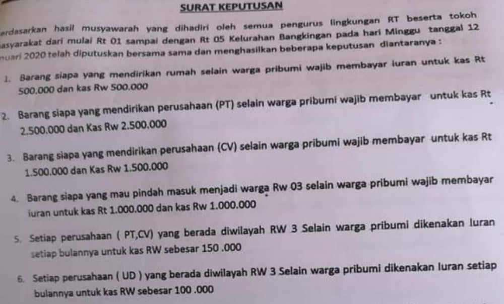Peraturan warga RW 03 Kelurahan Bangkingan Surabaya yang beredar

