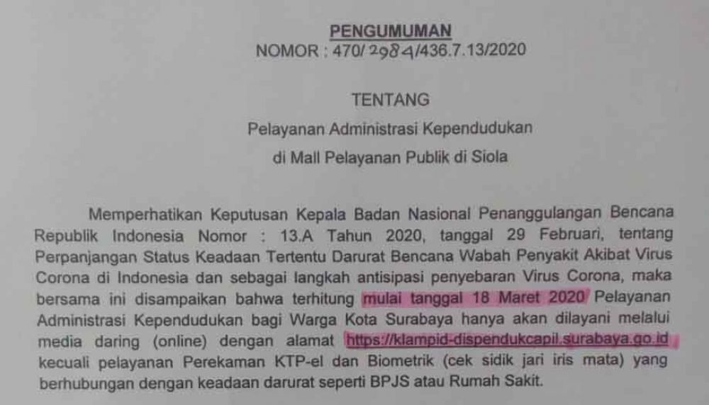 Surat dari Dinas Kependudukan dan Pencatatan Sipil (Dispendukcapil) Surabaya