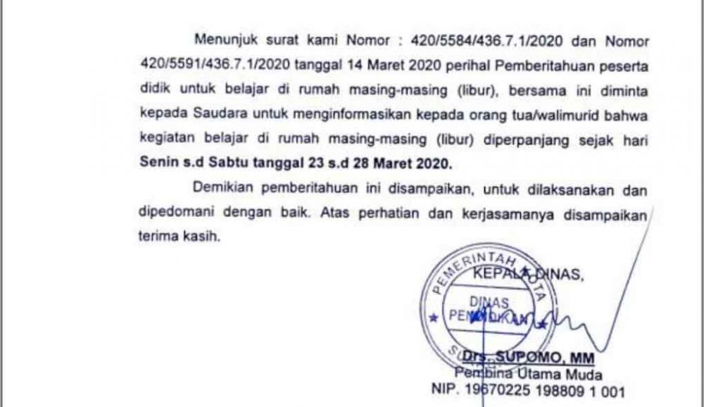 Surat pemberitahuan memperpanjang masa libur peserta didik