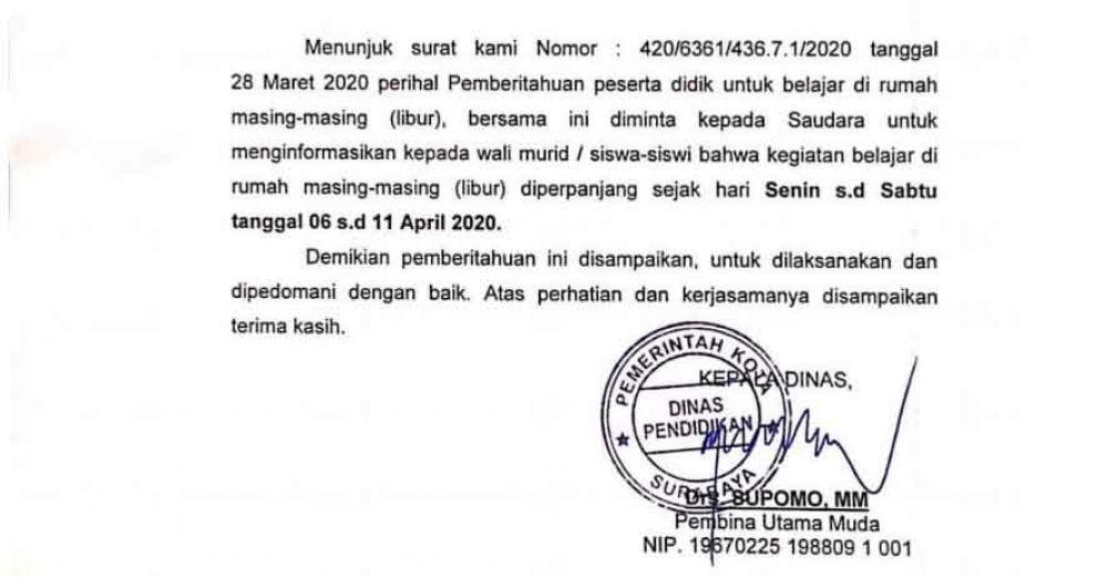 Surat pemberitahuan memperpanjang masa libur peserta didik di Kota Surabaya