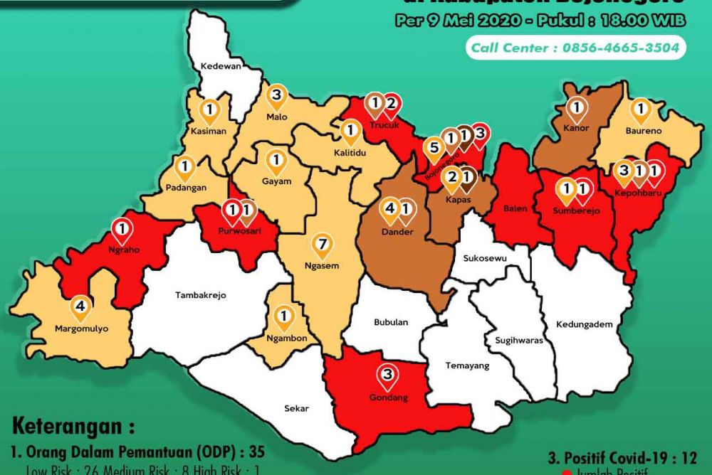 Peta persebaran Covid-19 di Bojonegoro