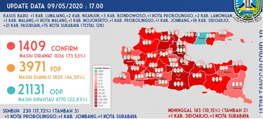 Peta persebaran Covid-19 di Jatim