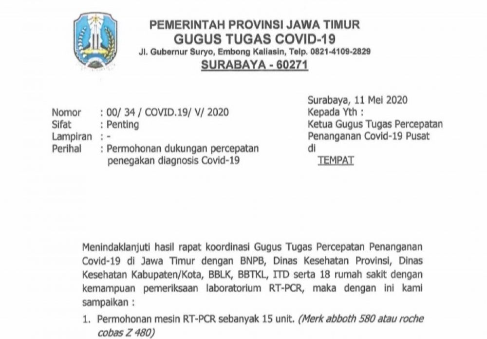 Surat Pemprov Jatim pada Ketua Gugus Tugas Percepatan Covid-19 Pusat