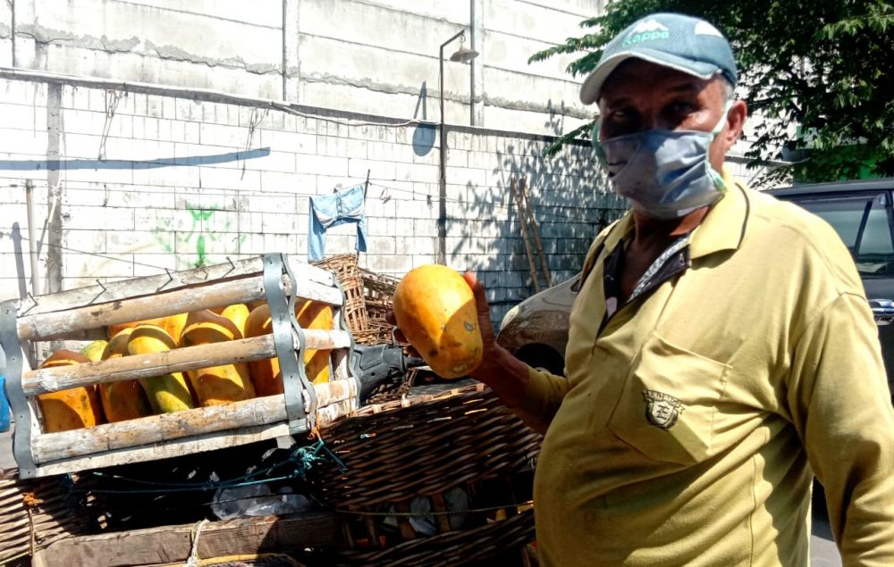 Hariyono pedagang buah saat kulakan pepaya di PIOS