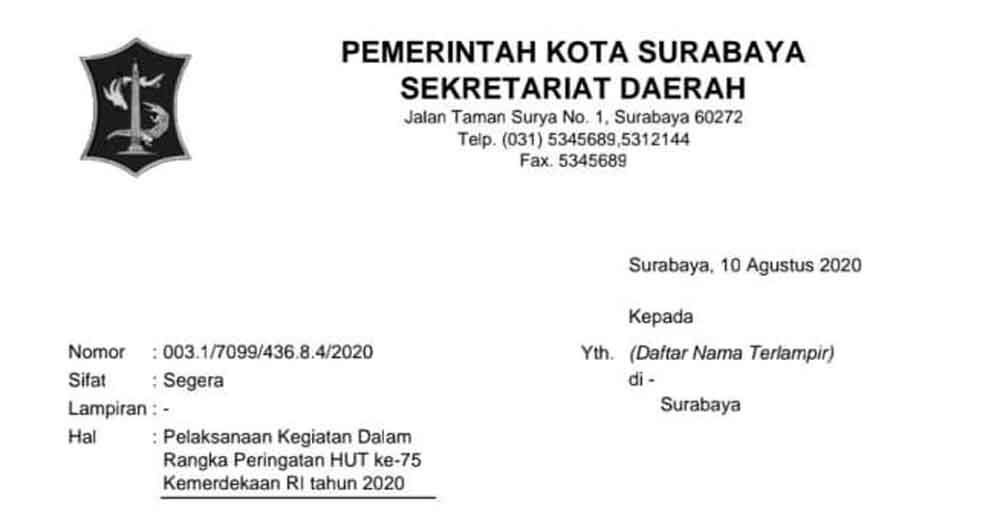 Kegiatan Lomba dan Malam Tasyakuran HUT RI ke-75 di Surabaya Dilarang