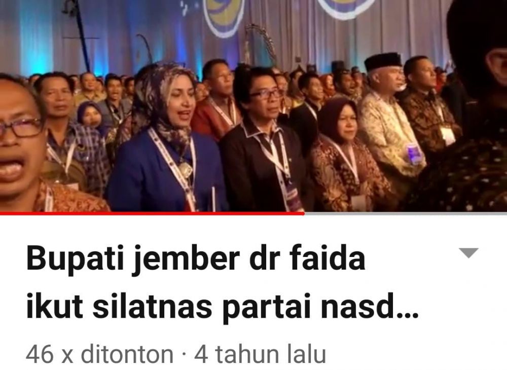 Video berjudul 'Bupati jember dr faida  ikut silatnas partai nasdem' yang diunggah @pancawxxxxx di YouTube pada empat tahun silam