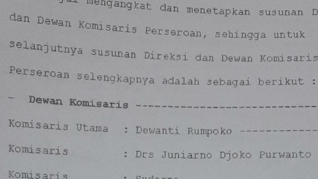 Tangkapan layar RUPS yang tertulis Dewanti Rumpoko ditunjuk menjadi komisaris utama