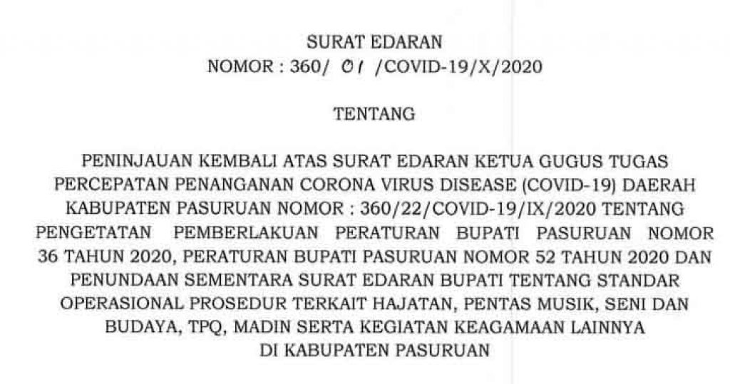 Surat edaran tim Satgas Penanganan Covid-19 Kabupaten Pasuruan 