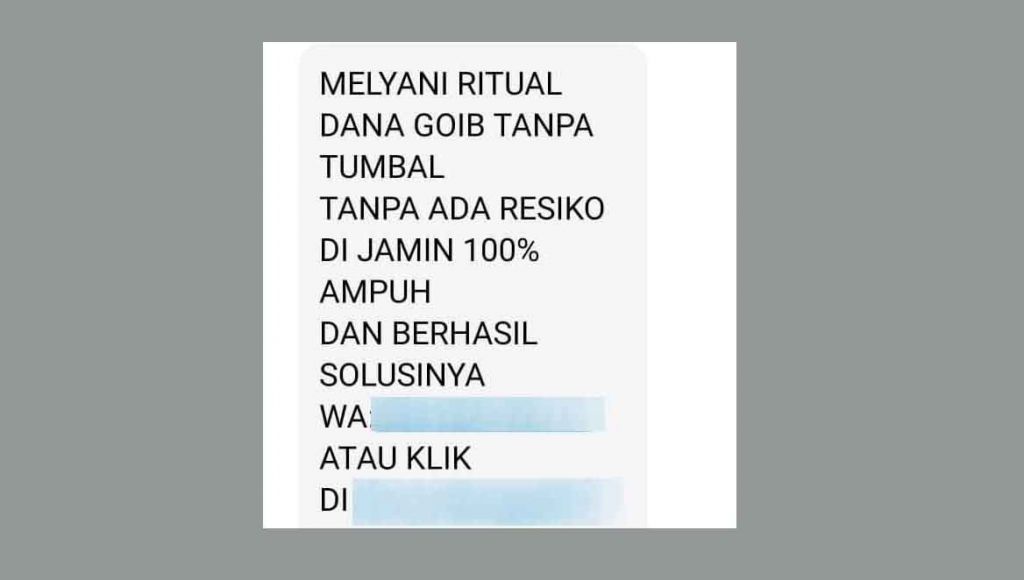 Tangkapan layar modus penipuan berkedok penawaran layanan dana goib tanpa tumbal