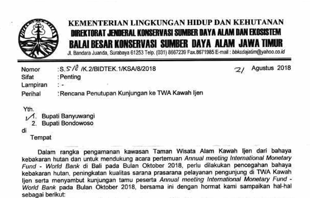 Surat pemberitahuan penutupan Kawah Ijen dari BKSDA