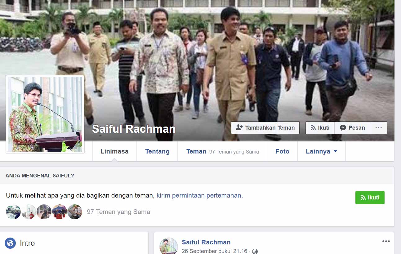 Halaman muka facebook milik Kadis Pendidikan Jatim Saiful Raachman