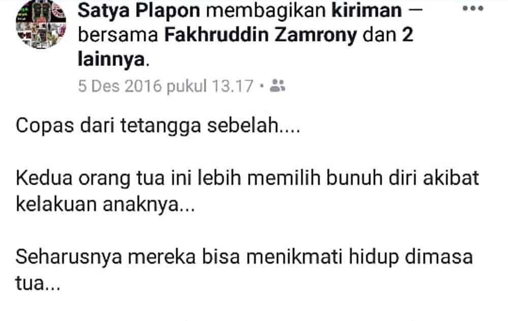 Postingan Nova Satya Terawan di facebook