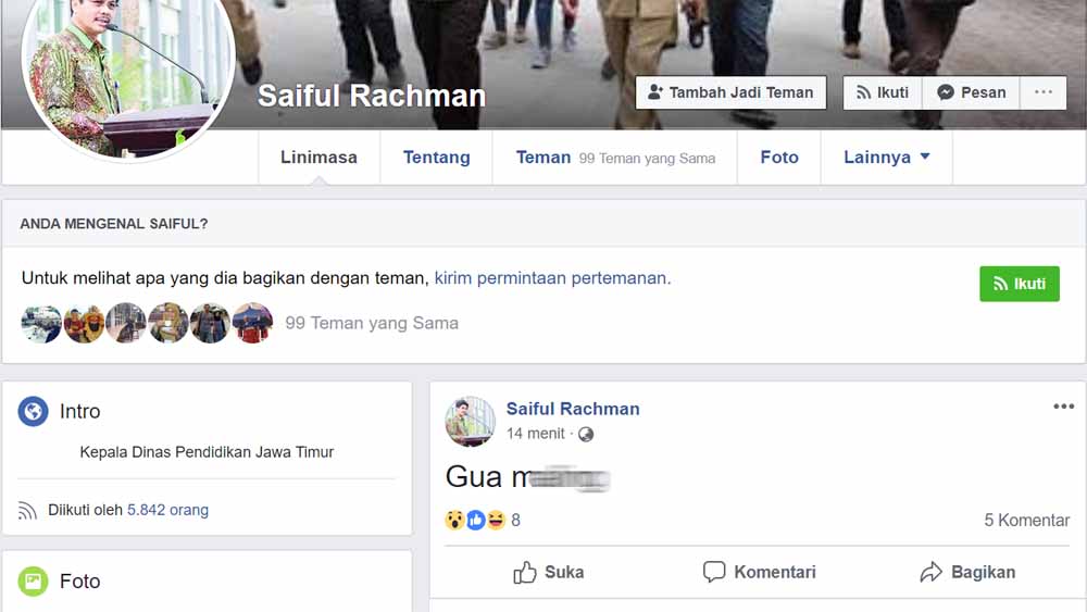 Akun Facebook pribadi milik Kepala Dinas Pendidikan  (Kadindik) Jawa Timur Syaiful Rachman dibobol