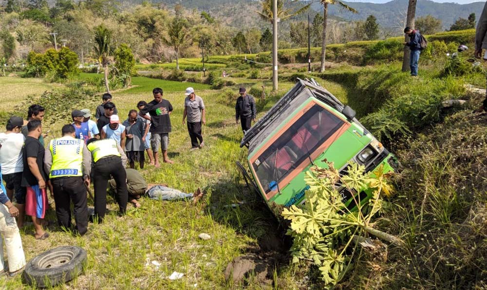 Sopir Mengantuk, Pikap Terguling ke Sawah
