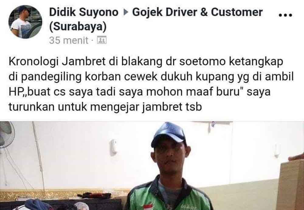 Status facebook Didik usai tangkap 2 jambret