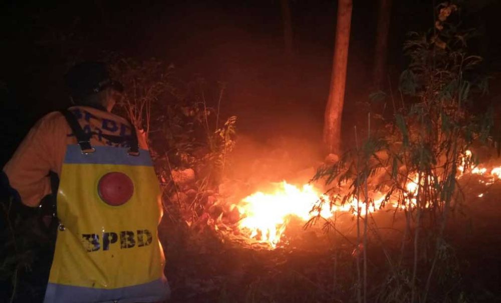 Petugas berusaha padamkan api yang membakar Hutan Kendit