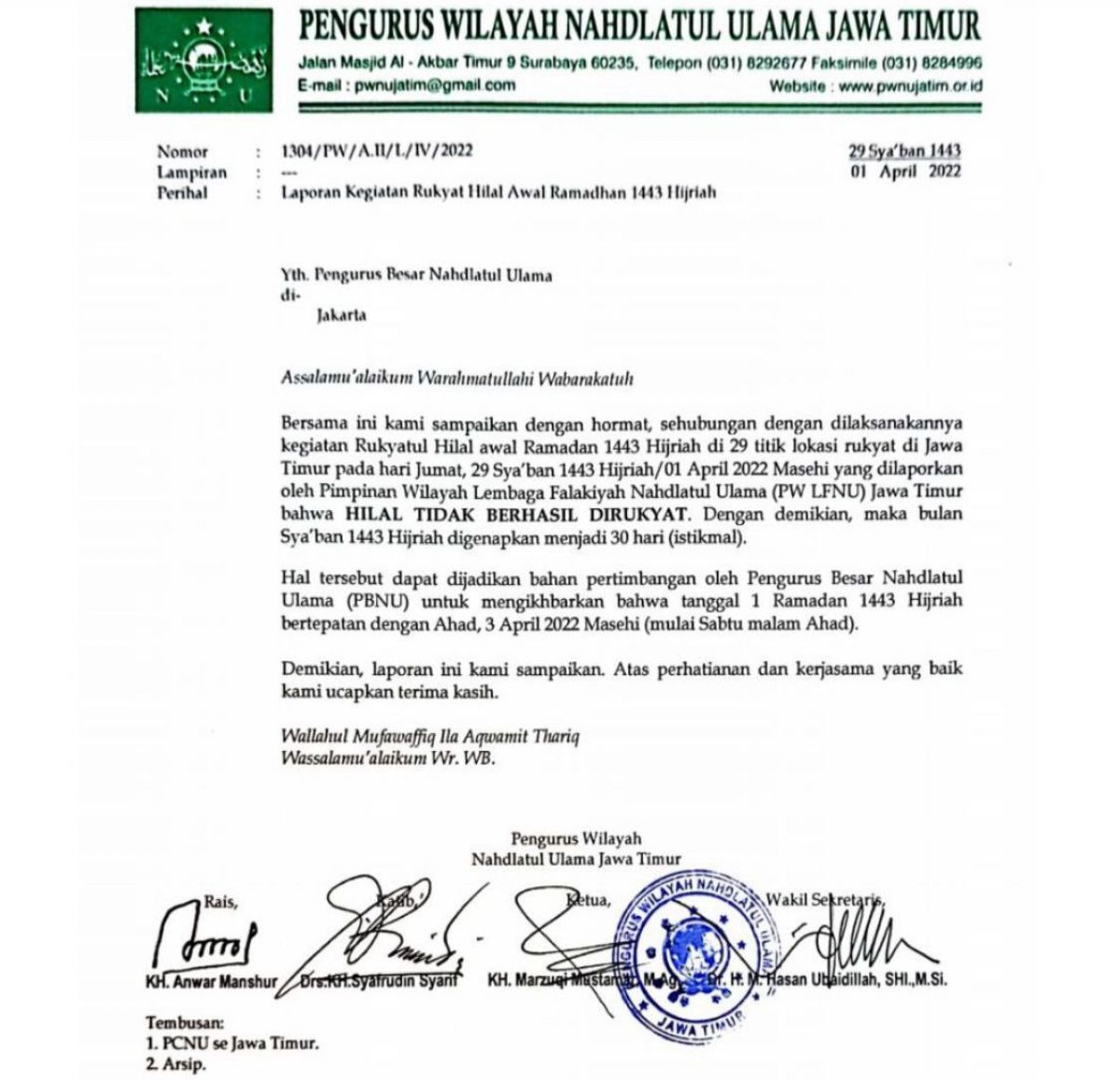 Surat edaran PWNU Jatim yang menyatakan awal Ramadan 3 April 2022.