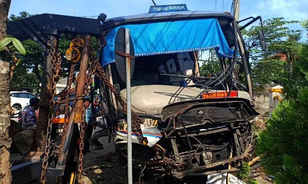 Evakuasi bus tabrak pohon di Madiun