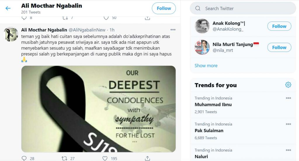 Ngabalin Akhirnya Copot Foto 'Pesawat Menukik ke Laut' di Twitter 