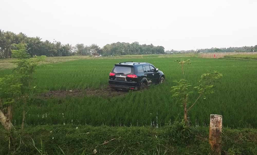 Mobil pajero usai menabrak pemotor dan masuk ke sawah
