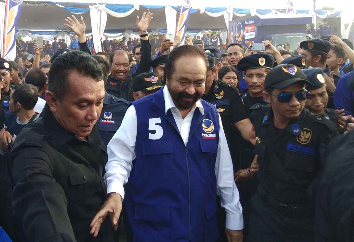 Surya Paloh saat menghadiri rangkaian acara partai NasDem Jawa Timur di Surabaya.