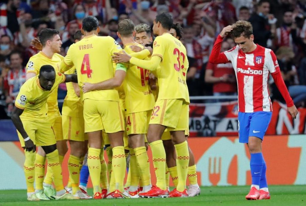 Liverpool merayakan gol ke gawang Atletico Madrid pada pertandingan lanjutan Liga Champion (Foto: EPA via Republika)
