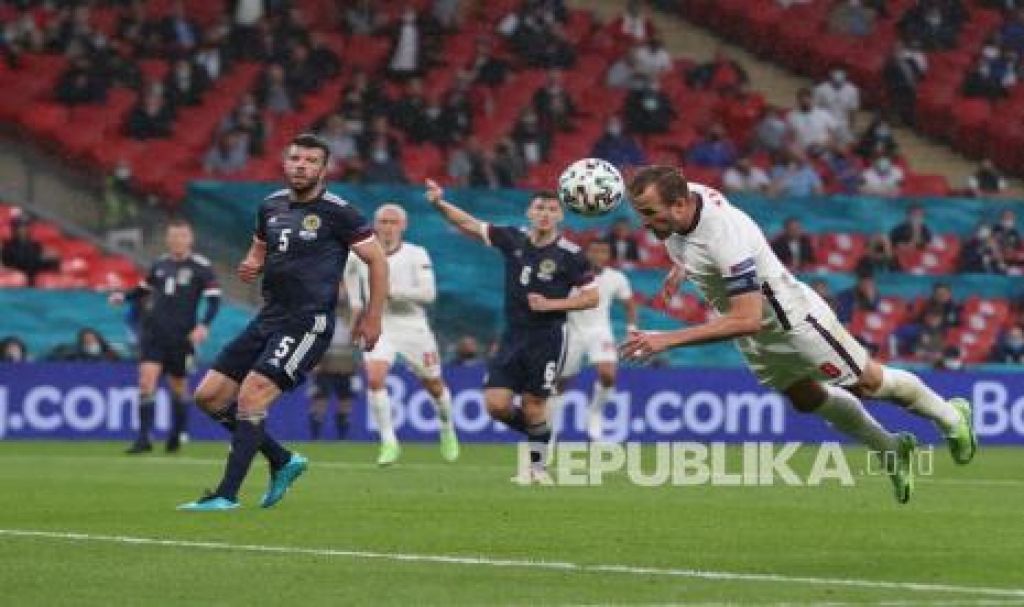 Pertandingan grup D  Euro 2020 antara Inggris dan Skotlandia di stadion Wembley di London, Sabtu (19/6/2021) dinihari WIB (Foto: Carl Recine /Pool Photo via AP via Republika)