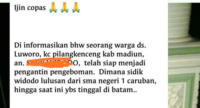 Polisi: Pesan Berantai Warga Madiun Siap Jadi "Pengantin Bom" Hoax