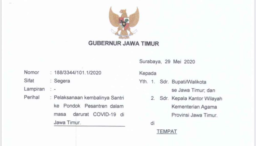 Surat Gubernur Khofifah Indar Parawansa tentang pelaksanaan kembalinya santri ke pondok pesantren