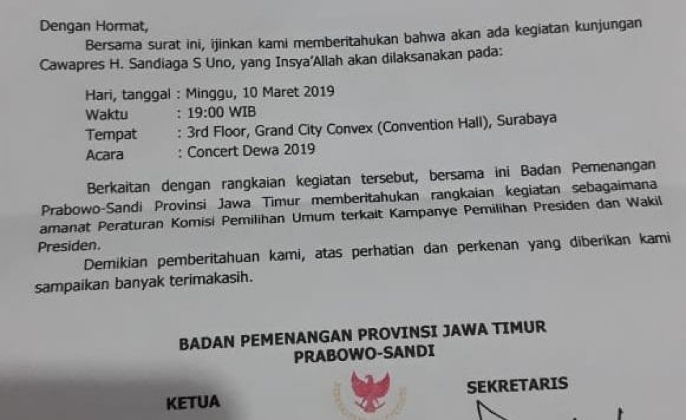 Surat Pemberitahuan Badan Pemenangan Provinsi Jatim untuk Prabowo-Sandiaga Uno