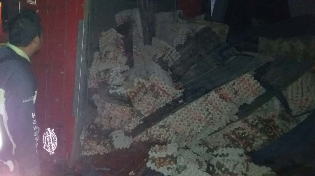 Truk Terguling, Muatan 6 Ton Telur Tumpah di Jalan Raya