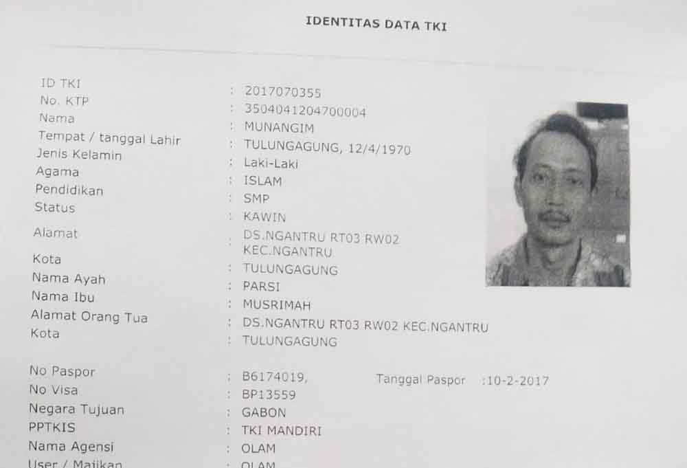 Data korban yang terdaftar di BNP2TKI