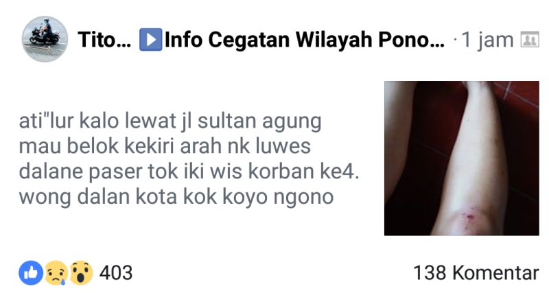 Postingan yang viral mengeluhkan perbaikan Jalan Sultan Agung di Ponorogo.